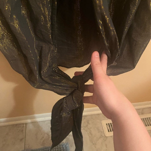 Mes Demoiselles Metallic Striped Tie Front Button Up Blouse in Black & Gold - Picture 4 of 6